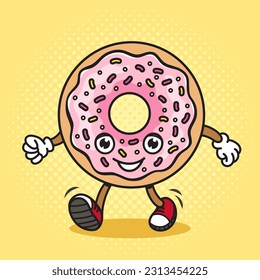 Cartoon Donut walks on its feet pinup pop art retro vector illustration. Comic book style imitation.