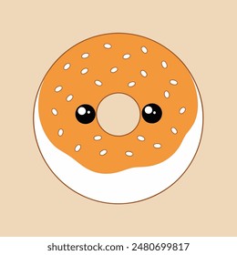 A cartoon donut with a white and orange frosting. The donut has a cute face with big eyes and a smile
