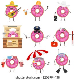 Cartoon donuts, animated donuts. A set of funny donuts. Flat design, vector illustration, vector.