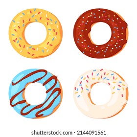 Cartoon donuts with colorful icing. Doughnuts with different taste topping with sprinkles. Glazed sweet dessert for bakery shop or confectionery. Yummy frosted pastry isolated vector set