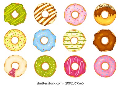 Cartoon donuts with different toppings, delicious sweet desserts. Top view donut with chocolate glaze and sprinkles, doughnut pastry vector set. Bakery elements with icing or frosting