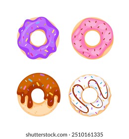 Donuts de dibujos animados con diferentes coberturas. Conjunto de pastel de donas. Deliciosos postres dulces.