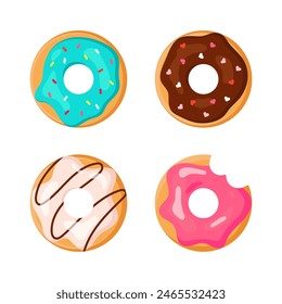 Cartoon donuts with different toppings. Doughnut pastry dessert food set. Top view delicious sweet desserts donut with chocolate glaze and sprinkles. Vector flat illustration