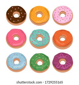 Cartoon donuts isolated on white background. Vector Donut into the glaze collection. Sweet doughnut food.