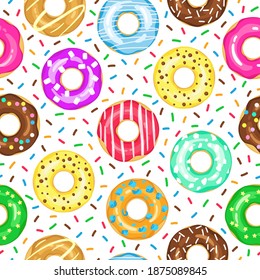 Cartoon donuts pattern. Seamless glazed and sprinkled donut backdrop of pink, yellow glazed, chocolate donut. Sugar icing donuts vector background. Pattern breakfast sweet colorful donut