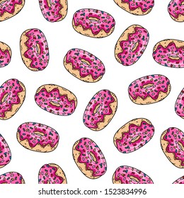 Cartoon donuts with pink glaze and colored sprinkles on white background. Seamless pattern. Texture for fabric, wrapping, wallpaper. Decorative print.