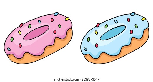 Donuts de dibujos animados con sombra, rosa y azul, elemento de diseño vectorial al estilo de un doodle, dibujado a mano, aislado en un fondo blanco
