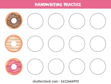 Cartoon donuts tracing. Handwriting practice for kids.
