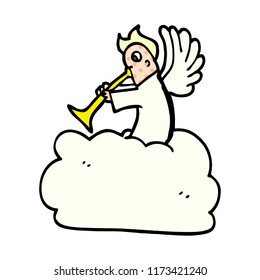 ángel de doodle de dibujos animados en la nube con trompeta