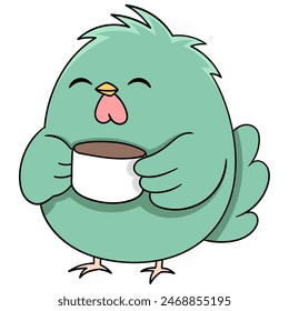 cartoon doodle of animal activities, cute fat green baby bird enjoying a cup of coffee