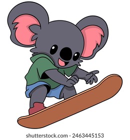 cartoon doodle of an animal exercising, a koala in action playing a skateboard happily