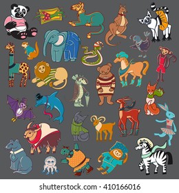 cartoon doodle animals big set