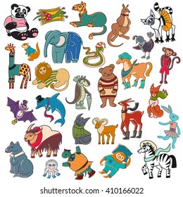 cartoon doodle animals big set