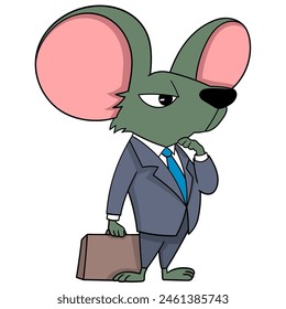 cartoon doodle of animals doing activities, A businessman mouse is standing carrying a suitcase filled with bribe money