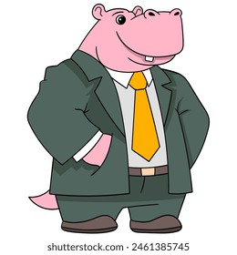 cartoon doodle of animals doing activities, A businessman hippo is standing out as a good boss with a smile