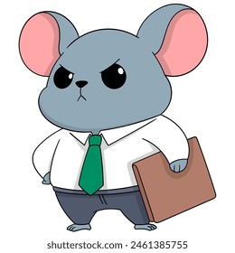 cartoon doodle of animals doing activities, businessman mouse is carrying a book of financial documents