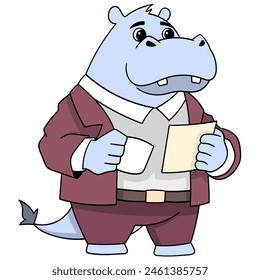 cartoon doodle of animals doing activities, Cartoon doodle of business activities, businessman hippo carrying a glass and marketing design book