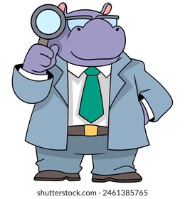 cartoon doodle of animals doing activities, A businessman hippo is carrying a magnifying glass and is conducting marketing business research