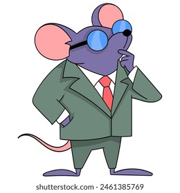 cartoon doodle of animals doing activities, businessman mouse is neatly dressed in the office working as a manager