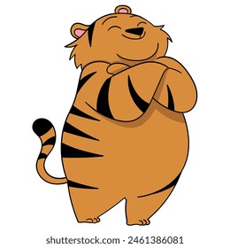 cartoon doodle of animals doing activities, a fat tiger is standing in a strong style