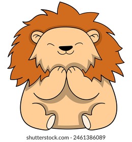 cartoon doodle of animals doing activities, A fat male lion is sitting alone smiling cutely