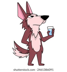 cartoon doodle of animals doing activities, red furred wolf was standing carrying a glass of water