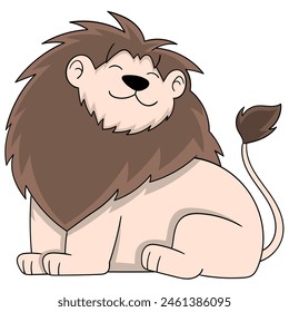 Dibujos animados garabatos de animales haciendo actividades, Un león gordo macho está acostado solo sonriendo lindamente