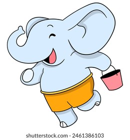 cartoon doodle of animals doing activities, an elephant wearing shorts carrying a bucket to take a bath