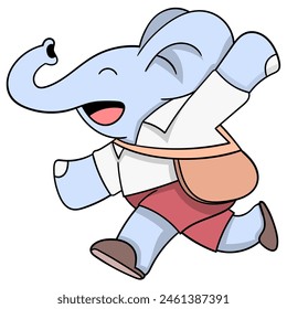 cartoon doodle of animals doing activities, an elephant wearing a uniform going to school carrying a sling bag