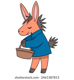 cartoon doodle of animals doing activities, The donkey is standing walking carrying a shopping basket to pick vegetables in the garden