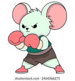 cartoon doodle of animals doing activities, a small mouse is seriously doing a boxing sports pose