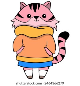 cartoon doodle of animals doing activities, young tigress wearing winter clothes and scarf