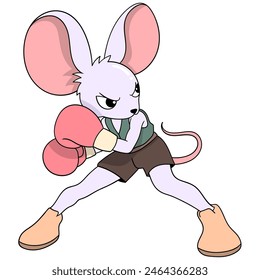 cartoon doodle of animals doing activities, mouse girl doing defensive position in boxing sport