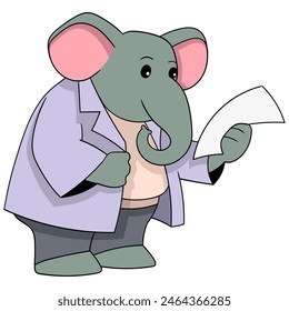 cartoon doodle of animals doing activities, businessman elephant carrying paper containing a receipt for a business deal