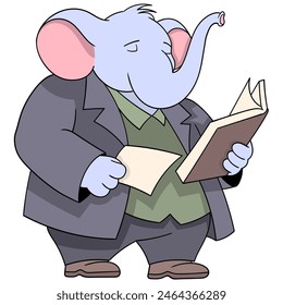 cartoon doodle of animals doing activities, businessman elephant is reading a record of sales targets for the end of the year