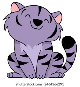 cartoon doodle of animals doing activities, purple tiger is sitting showing a tame smiling face