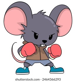 cartoon doodle of animals doing activities, skinny mouse playing boxing, ready to throw a hard punch