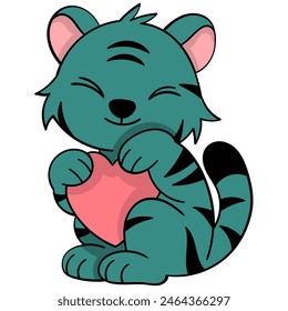 cartoon doodle of animals doing activities, green tiger sitting hugging love on Valentines Day