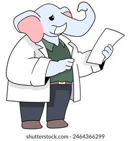 cartoon doodle of animals doing activities, an elephant doctor is standing analyzing patient health data