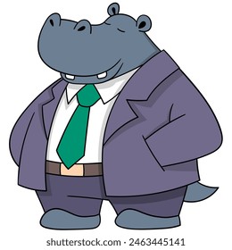 cartoon doodle of animals doing business, hippo wearing a suit is going to the office