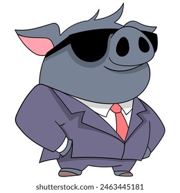 cartoon doodle of animals doing business, a pig wearing a suit and sunglasses is working as a cool guard