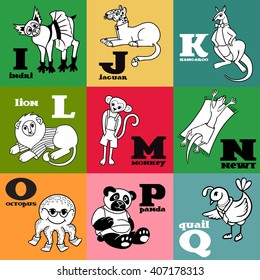 Cartoon doodle animals: indri, jaguar, kangaroo, lion, monkey, newt, octopus, panda, quail. Part of children's alphabet, letters i, j, k, l, m, n, o, p, q. 