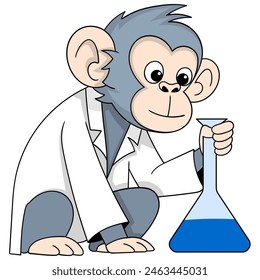 cartoon doodle of animals and science, monkey holding a test tube doing scientific research