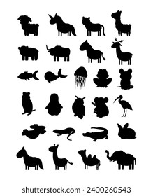 Cartoon doodle animals silhouettes icon set for kids. Funny cute animal, zoo animals characters shapes. Isolated vector shadow icons illustration set.