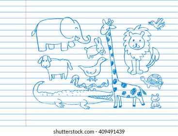 Cartoon doodle animals. Vector illustration.