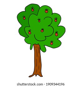 Cartoon doodle apple tree isolated on white background. Vector illustration. 