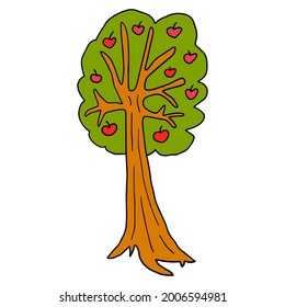 Cartoon doodle apple tree isolated on white background. Fruit tree in childlike style.