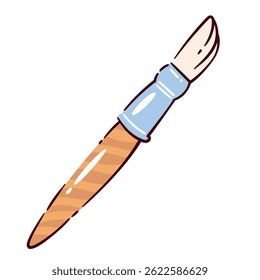 Cartoon doodle art tool brush with wooden handle and simple line details, perfect for creative painting projects. Vector doodle illustration of artist brush