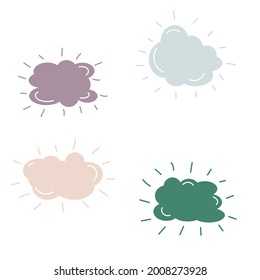 Dibujo garabato bebé nubes cómicas vacías con salpicaduras de colores de moda. Ilustración del vector aislada en fondo blanco