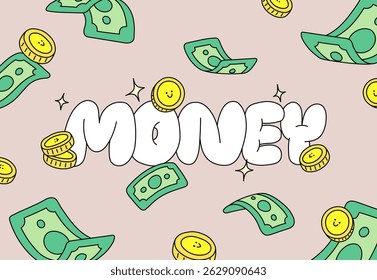 Cartoon doodle background of hand-drawn money, coins, and banknotes — cute and funny style
